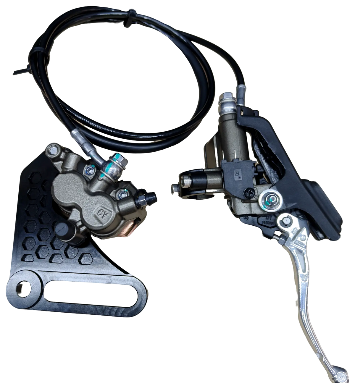 Complete conversion brake kit with caliper, bracket, braided line and master cylinder lever assembly